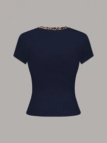 SHEIN LUNE 女士拼布豹纹圆领短袖休闲 T 恤