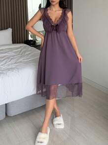 DAZY 浪漫网眼蕾丝拼布荷叶边露背吊带睡衣