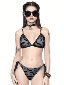 ROMWE Goth Women's Swimwear Set, Bat Lace, Triangle Cup Bra & Tie Waist Thong Bottoms Bikini Set, For Summer Beach Vacation, Halloween - Black - View 1