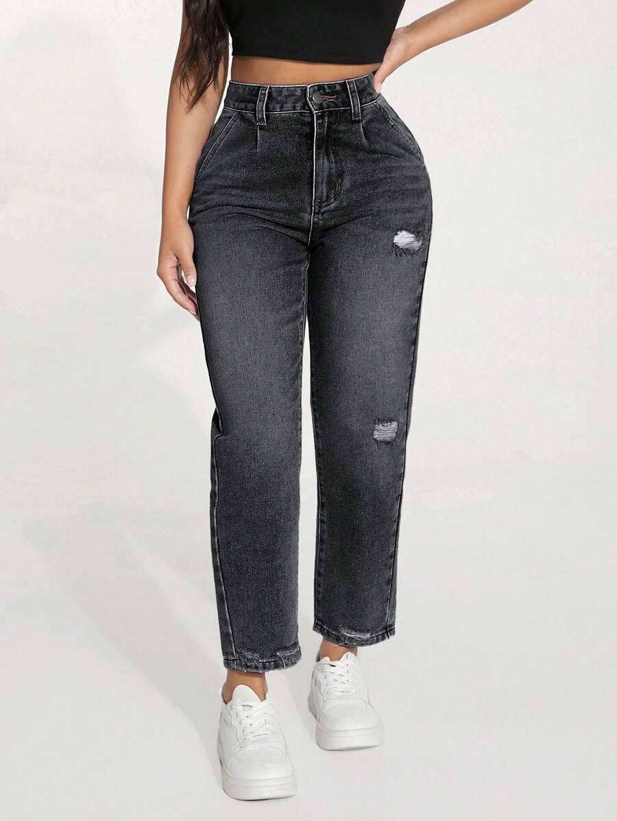 SHEIN PETITE Women's Pocket Ripped Straight Leg Casual Jeans - Dark Grey - View 1