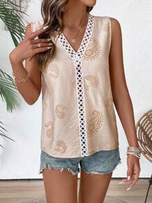 SHEIN LUNE Camisa tejida sin mangas con bordado de paisley, Primavera/Verano
