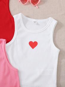 SHEIN 3pcs/Set Tween Girls' Solid Color Knit Heart Pattern Ribbed Tank Tops, School, Campus, College - Multicolor - View 3