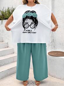 SHEIN CURVE+ 2 pezzi/set di completo maglietta a maniche corte e pantaloni per taglie forti, stile minimalista, moda casual per uso quotidiano