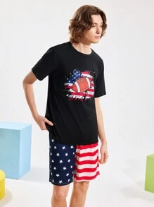 Happy Jammies Set de pijama de 2 piezas con top de cuello redondo de manga corta estampado y pantalones cortos casuales para hombre