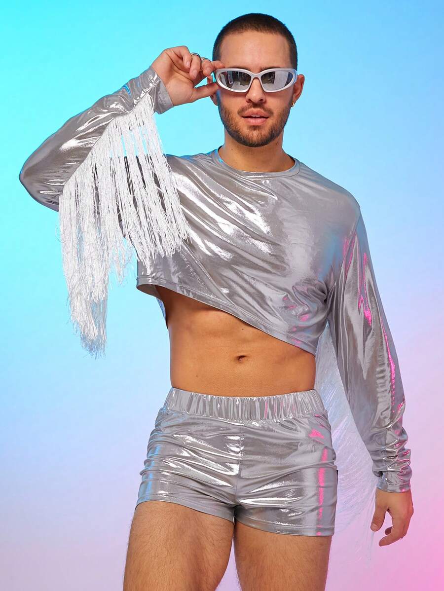 FeverCity Men's Ice Silk Fringed Patchwork Short Sleeve T-Shirt Set - Silver - View 1