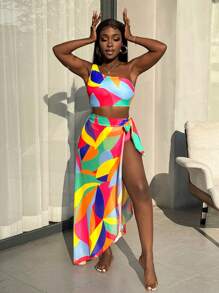 SHEIN Slayr Set de 3 piezas Traje de baño y vestido casual de fiesta de playa con hombro descubierto, estampado geométrico y de camuflaje, para primavera/verano para mujeres