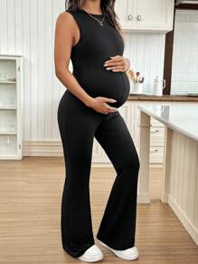 SHEIN 孕妇休闲纯色无袖连体裤 - 黑色 - 查看 5