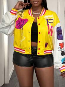 Slaydiva Plus Size Casual Colorblock Crop Baseball Jacket, Printed Blue For Autumn/Winter - Yellow - View 7