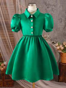 1pc Tween Girls Green Satin Puffy Sleeve Collared Blouse And Voluminous Puff Princess Dress, Spring/Summer - Green - View 1