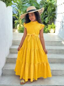 SHEIN SLAYR KIDS Tween Girl Stand Collar Ruffle Waist Dress With Ruffle Flutter Sleeves - Yellow - View 1