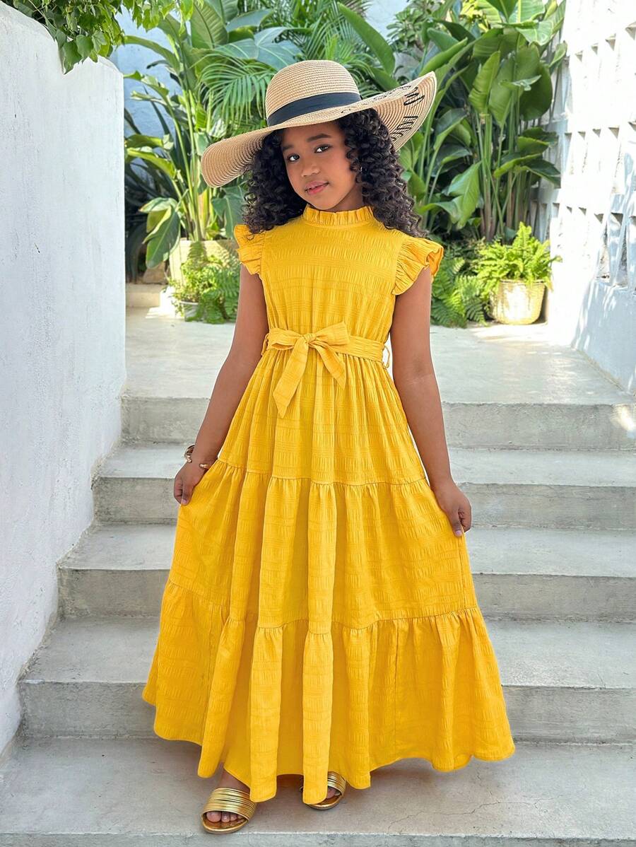 SHEIN SLAYR KIDS Tween Girl Stand Collar Ruffle Waist Dress With Ruffle Flutter Sleeves - Yellow - View 1