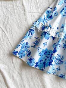 Soleia 春夏季假期蓝白花卉U领系带腰A字型露背泡泡袖迷你连衣裙，适合约会、下午茶、度假、音乐节、波西米亚风