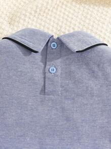 2pcs Kids Boy Casual College Style Comfortable Printed Collar T-Shirt And Solid Color Shorts Set, Versatile Gentleman Suit Suitable For School, Garden, Beach, Birthday, Spring, Summer, Fall, Winter - Blue - View 5