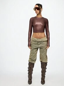 SUMWON WOMEN Metallic Long Sleeve Crop Top Y2K Fashion Club Party Wear Slim Fit Stretchy Mock Neck Dance Performance Rave Festival Aesthetic Streetwear - Burgundy - View 6