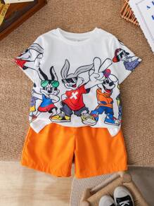 2 paquets Ensemble t-shirt à manches courtes et short imprimé lapin mignon pour jeunes garçons. Décontracté, confortable, mode, simple et pratique. Doux et confortable.