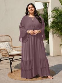 Mulvari 大码假日休闲纯色荷叶边下摆连衣裙 - 淺灰紫 - 查看 8