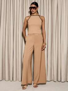 AiiRZ Ribbed Halter Neck Cami Top With Contrasting Trim Summer Sleeveless Tank Elegant Evening Party Club Wear Urban Y2K Fashion Essential