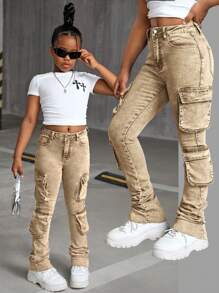 SHEIN Tween Girls Y2K Stonewashed Khaki Denim Cargo High Waist Flared Pants With Pleats And Flap Pocket Stacked Jeans,Tween Girl Spring/Summer Clothes Outfits - Khaki - View 1