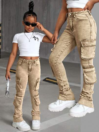 SHEIN Tween Girls Y2K 石洗卡其色牛仔高腰喇叭裤，带褶皱和翻盖口袋叠穿牛仔裤，Tween Girl 春夏服装