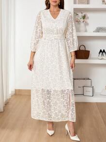SHEIN Frenchy Vestido casual de mujer talla grande con cintura definida en jacquard color albaricoque, vestido formal de moda estilo boho/bohemio con malla, vestido de graduación floral, vestido modesto de primavera elegante para mujer, vestido largo para playa, atuendo para concierto de mujer - Albaricoque - Ver 4