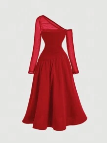 Girlism Vestido largo de manga larga con pliegues asimétricos rojo para adolescentes, un vestido rojo hermoso y elegante para el Día de San Valentín