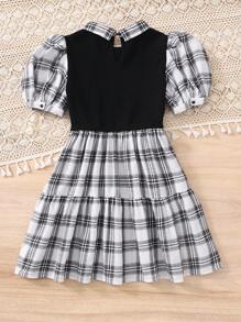 SHEIN 青少年女孩休闲街头时尚黑白格子拼布褶皱喇叭裙领泡泡袖蝴蝶结装饰腰部收腰连衣裙，返校，学院风，格子印花连衣裙 - 黑與白 - 查看 9