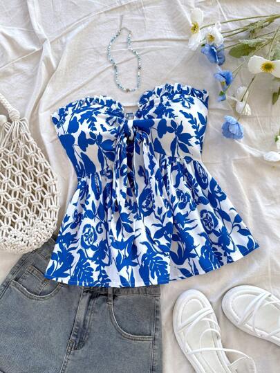 Soleia Blusa con estampado floral sin tirantes y volante en el bajo, apropiada para vacaciones, festivales de música, estilo bohemio, vacaciones, citas, té de la tarde, primavera/verano