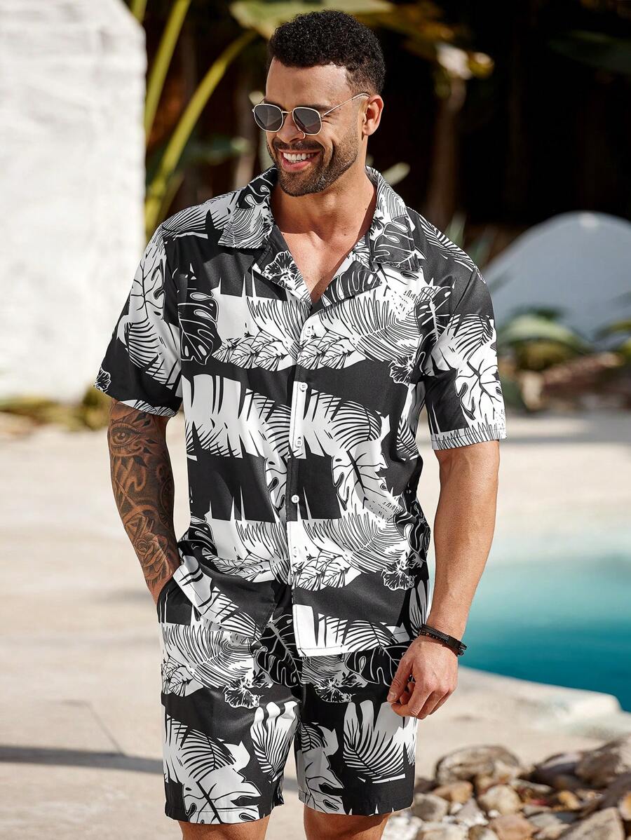 ResortEase Plus Size Men's Tropical Print Short Sleeve Shirt & Shorts 2 Pieces Set, Casual Resort Wear