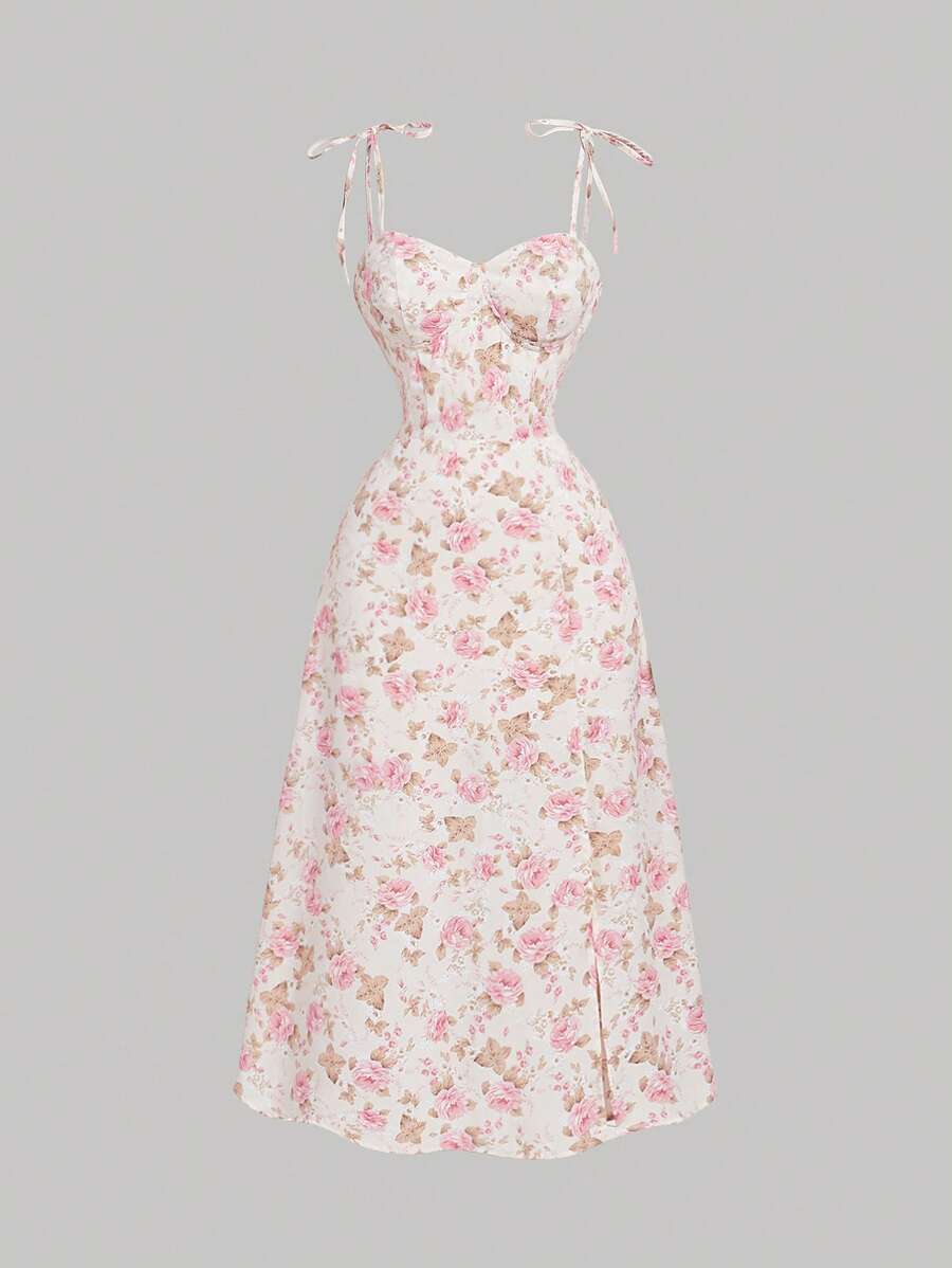 SHEIN MOD Floral Lace-Up Mid-Length Dress For Women,Graduation Dress ...