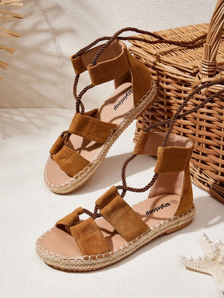 Styleloop Lace-Up Flat Sandals, Minimalist & Fashionable, Casual Daily Wear, Bohemian & Western Style, Suitable For Parties, Festivals Valentine's Day - Camel - View 1