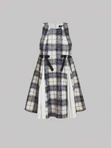 SHEIN MOD Robe de poupée avec nœud papillon et contraste de couleurs à carreaux, robe courte mignonne et pimpante