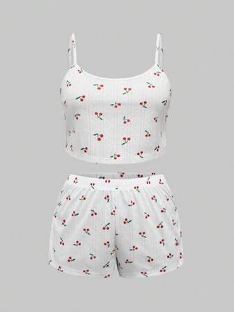 Kawaii Conjunto de pijama casual de verano de talla grande con top tipo camisole y pantalón corto, con estampado de flores de sakura en tejido de punto texturizado y estilo campestre