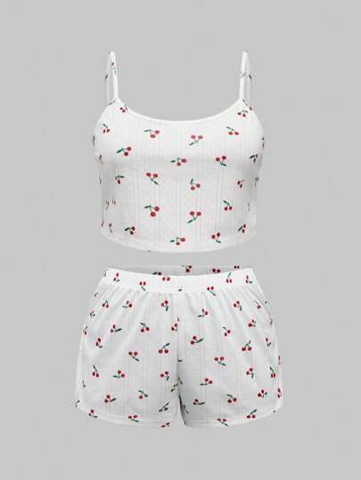 Kawaii Ensemble pyjama décontracté d'été, camisole et shorts, avec un imprimé fleurs de cerisier ajourées sur tissu tricoté texturé de style campagnard, grande taille