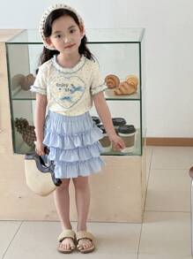 DAZY 2pcs/Set Young Girl Letter Print Ruffle Hem Top And Cake Silhouette Midi Skirt,Girls Summer Outfits - Blue - View 2