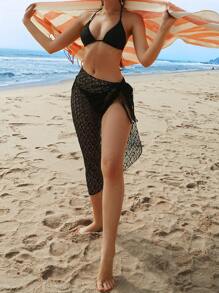 Swim Vcay 3 件套女士度假泳装套装：基本纯色露背系带比基尼上衣、下装和蕾丝罩衫，适合夏季海滩、度假和户外活动 - 黑色 - 查看 3