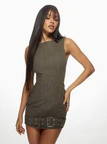 MISSGUIDED Belted Bodycon Denim Mini Dress Sleeveless Military Style Urban Fashion Casual Party Club Wear Form Fitting Stretch Spring Summer Fashion - Brown - View 1