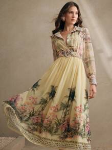 Anewsta Vestido largo con cintura definida, de manga larga y estampado floral bohemio, atuendo de primavera para vacaciones