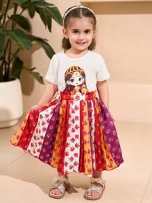 女婴图案印花圆领短袖上衣和 A 字裙 2 件套 - 彩色 - 查看 5