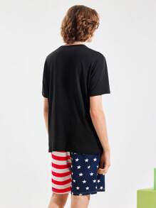 Happy Jammies Set de pijama de 2 piezas con top de cuello redondo de manga corta estampado y pantalones cortos casuales para hombre