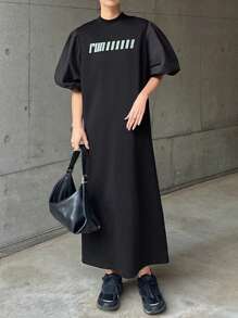 FRIFUL Women's Colorblock Letter Print Midi Dress With Funnel Neck And Puff Sleeves Sundress - Black - View 1