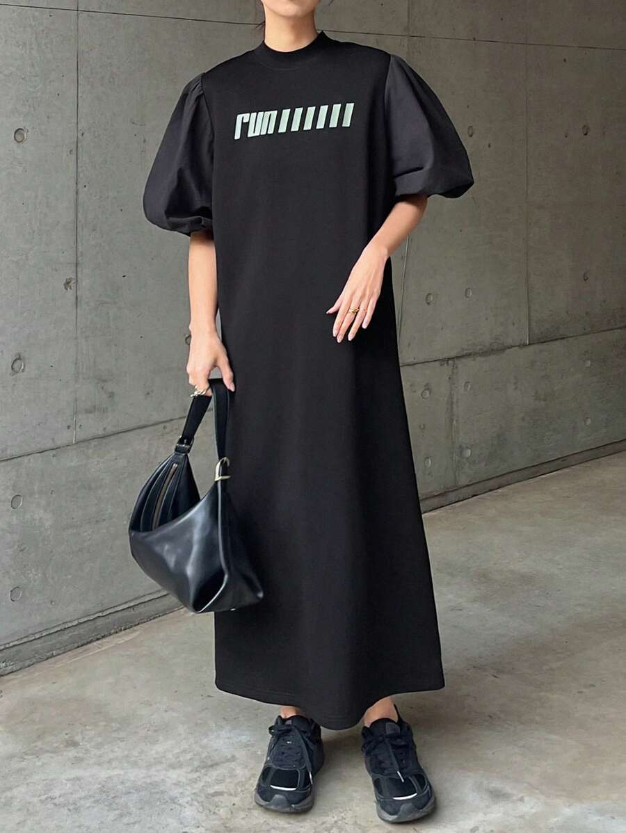 FRIFUL Women's Colorblock Letter Print Midi Dress With Funnel Neck And Puff Sleeves Sundress - Black - View 1