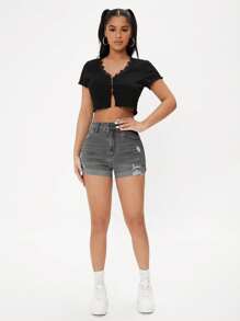 SHEIN PETITE 休闲洗水破洞高腰修身牛仔短裤 - 淺灰色 - 查看 4