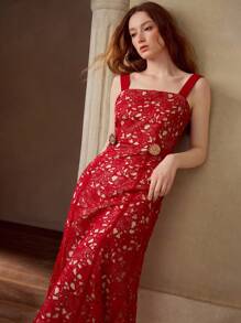 MOTF PREMIUM GUIPURE LACE BIAS CUT DRESS - Red - View 2