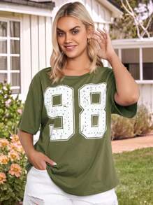 SHEIN LUNE 女士大码休闲圆领蝙蝠袖数字印花 T 恤女士夏季服装夏季春季服装女士春季服装夏季波西米亚风复古风