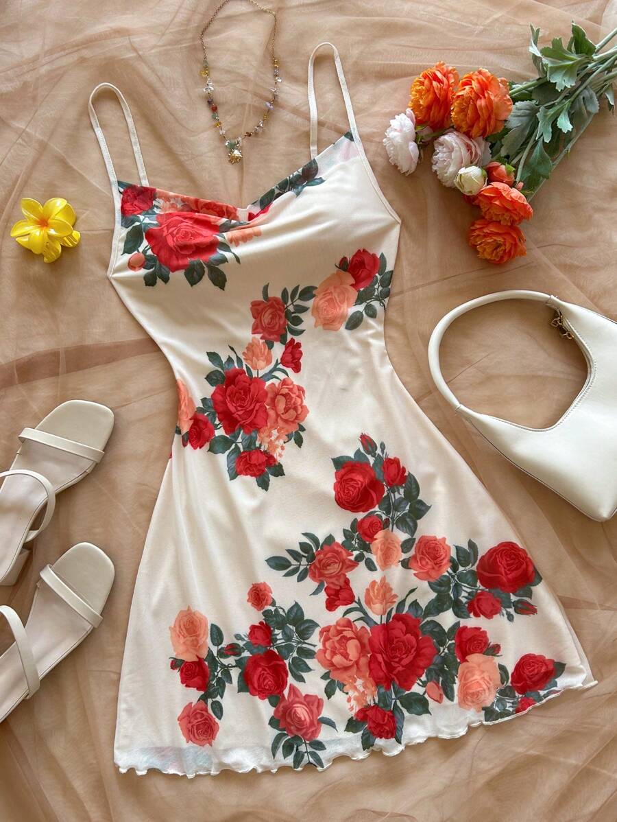 Soleia 女士花卉印花细肩带中长连衣裙,修身廓形,适合节日/约会/情人节/下午茶 - 彩色 - 查看 1