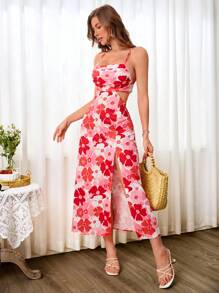 SHEIN VCAY Summer Out Holiday Date Dress, Holiday Waist Hollowed Out Big Backless High Split Large Flower Print Sleeveless Halter Dress, Back To School Dress, Very Simple Dress, Office Dress, Old Money Dress, Teacher Dress, Dating Dress, Going Out To Attend Wedding Season Bestie Afternoon Tea Party Holiday Dress, Going Out To Attend Music Festival Dress - Multicolor - View 7