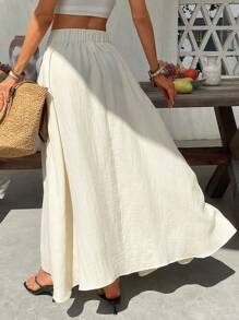 SHEIN VCAY Plus Size Women Vacation Tie Waist Ruched Casual Skirt Butter Yellow Summer Vacation Country Concert Raves Festival Concert Graduation European Summer Nashville Beach Vacation Tropical Vacation - Apricot - View 2