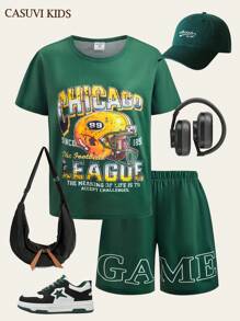 SHEIN Explorewe 2pcs/Set Older Boys Football Sport Cartoon Graphics Crew Neck Short Sleeve T-Shirt And Casual Shorts, Summer New Knit Fabric, Comfortable - Dark Green - View 1