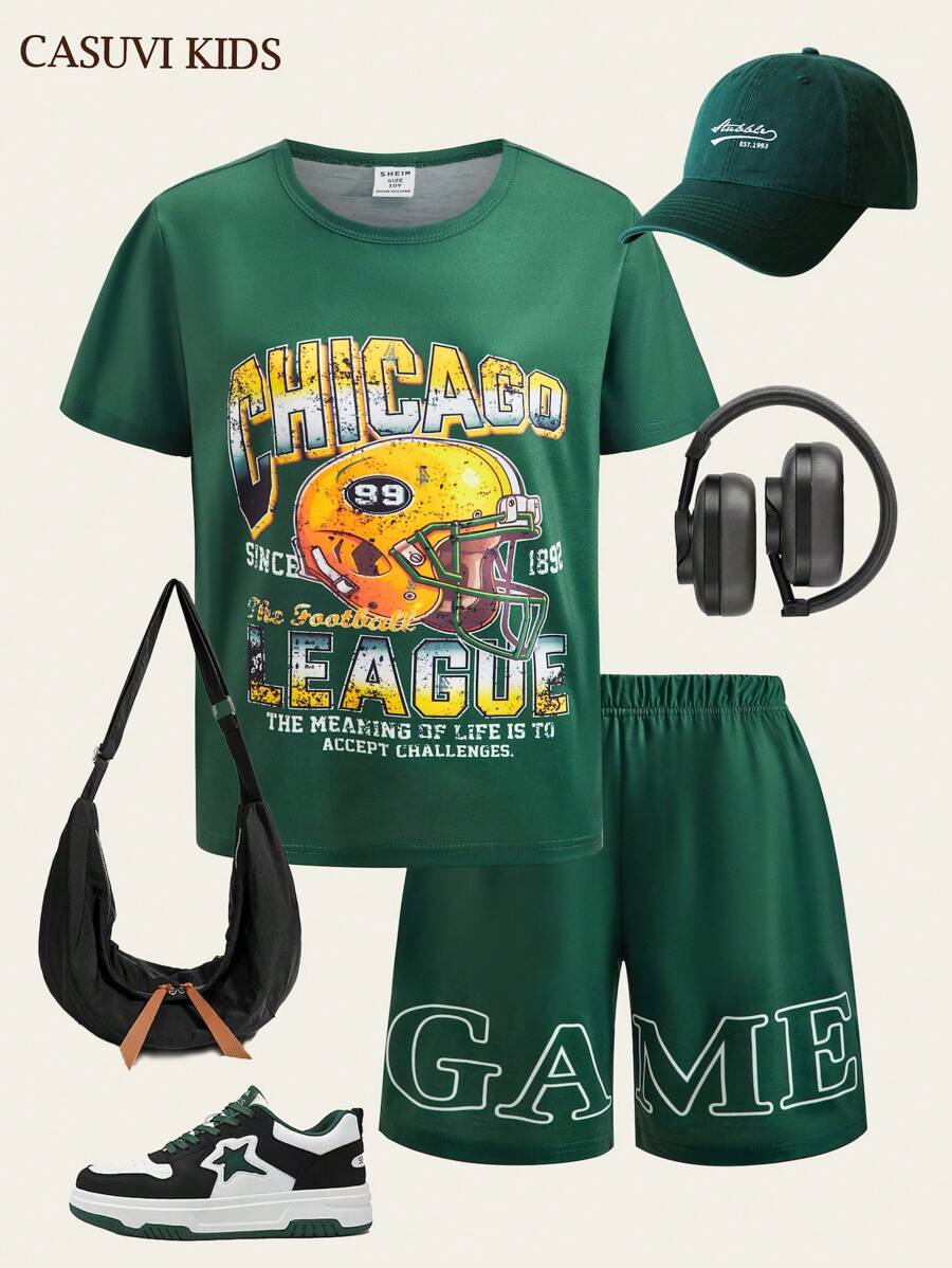 SHEIN Explorewe 2pcs/Set Older Boys Football Sport Cartoon Graphics Crew Neck Short Sleeve T-Shirt And Casual Shorts, Summer New Knit Fabric, Comfortable - Dark Green - View 1