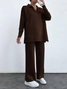 SHEIN PETITE 2pcs/Set Solid Color Turn-Down Collar Sweater And Long Pants Outfit